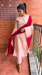 Peach and maroon embroidery hand worked 3 piece kurti set - Threads