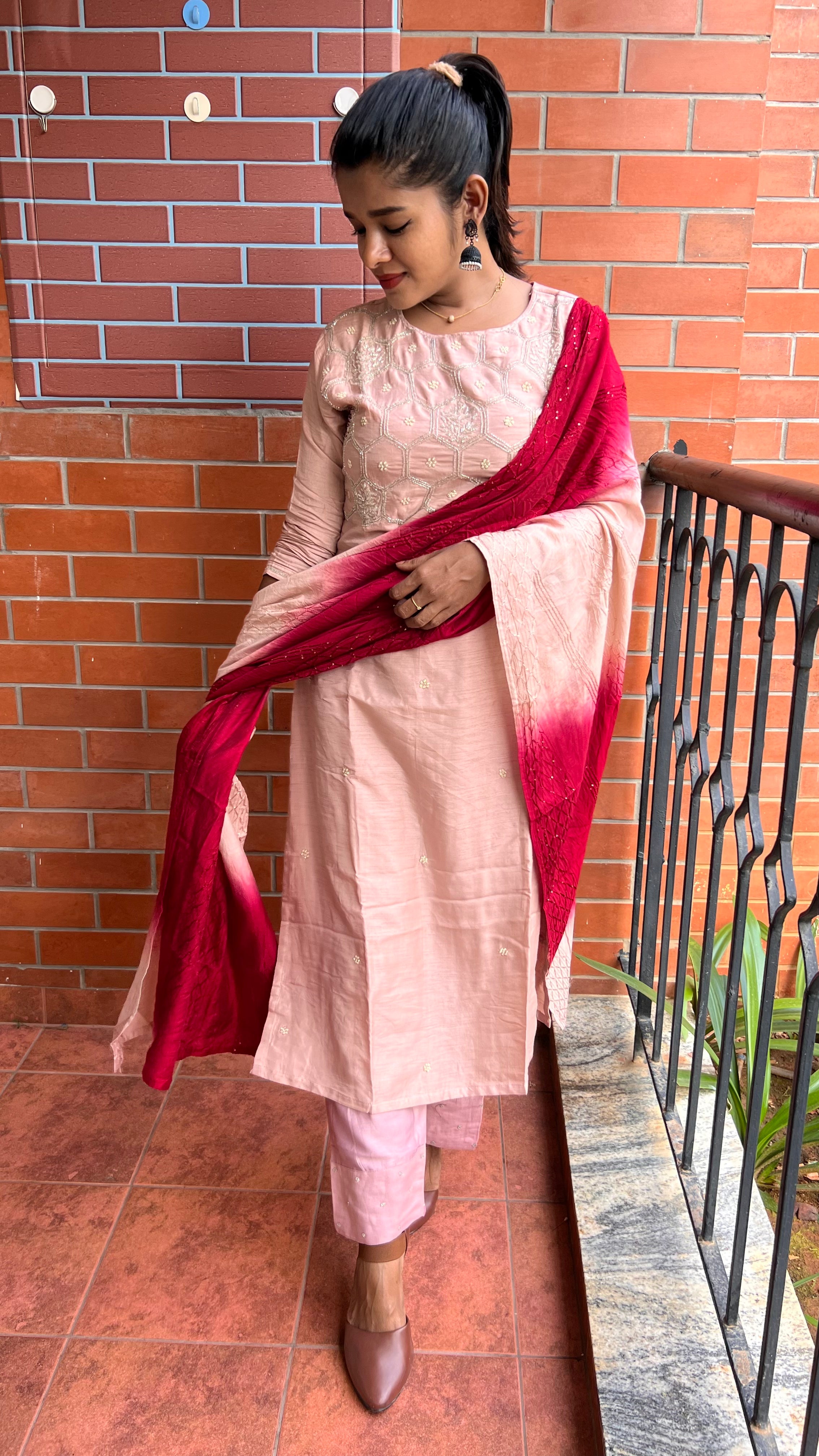 Peach and maroon embroidery hand worked 3 piece kurti set - Threads