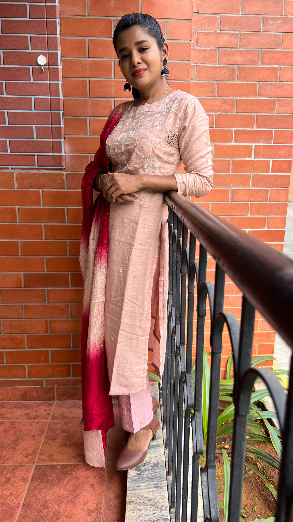 Peach and maroon embroidery hand worked 3 piece kurti set - Threads