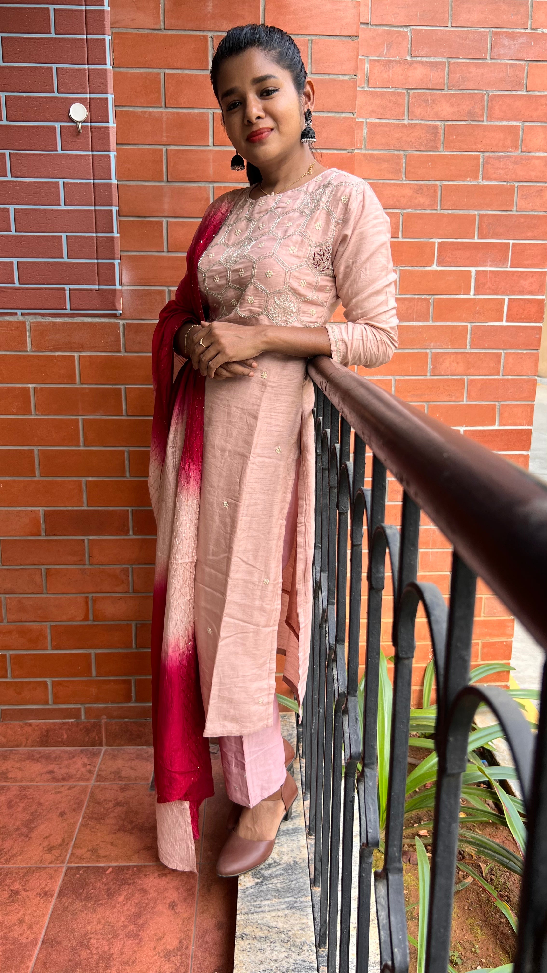 Peach and maroon embroidery hand worked 3 piece kurti set - Threads