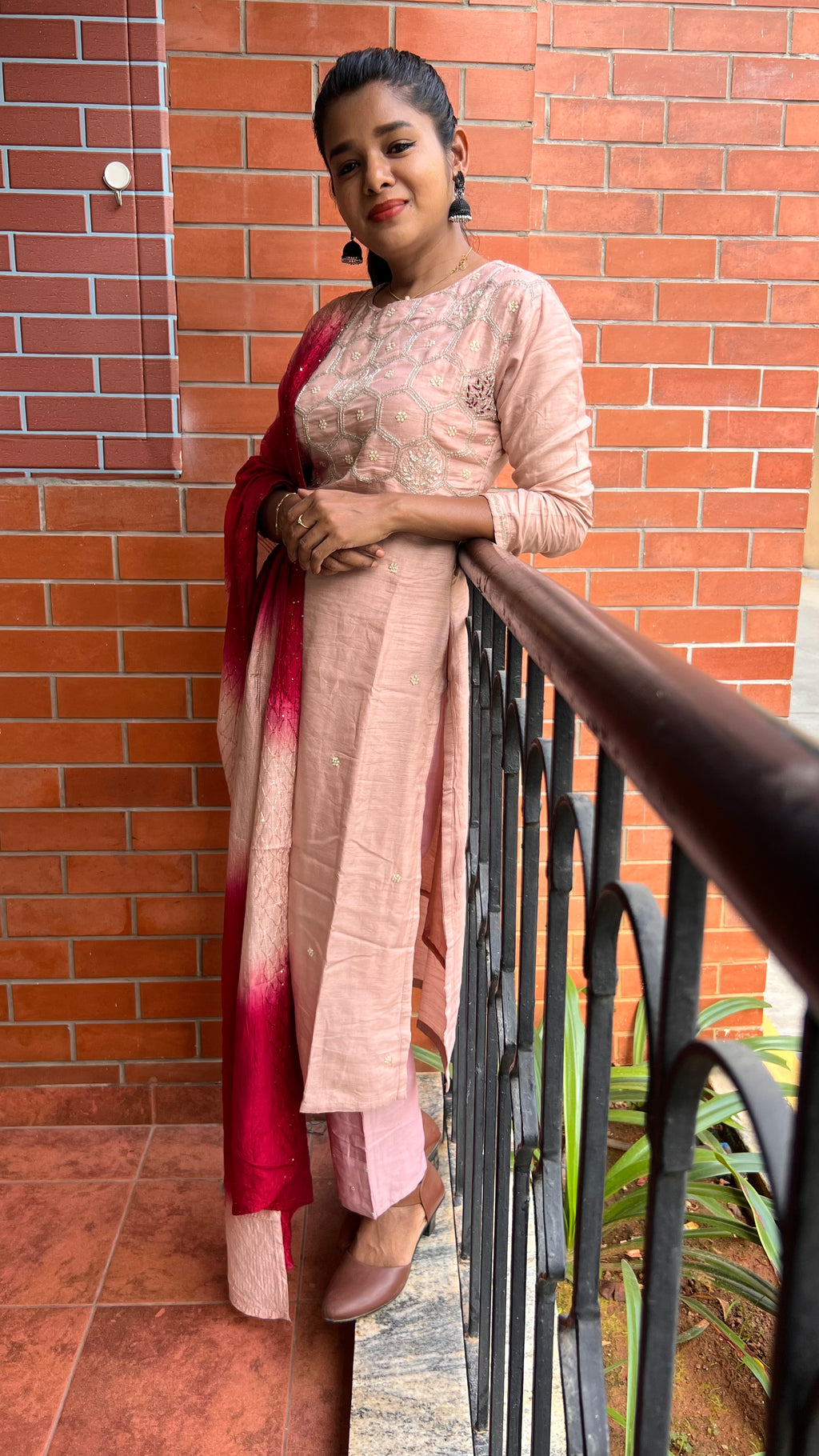 Peach and maroon embroidery hand worked 3 piece kurti set - Threads