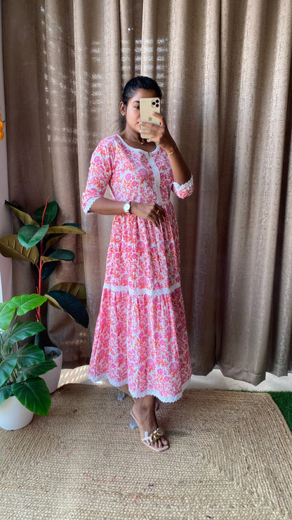 Pink floral Cotton printed 3 layered kurti maxi dress