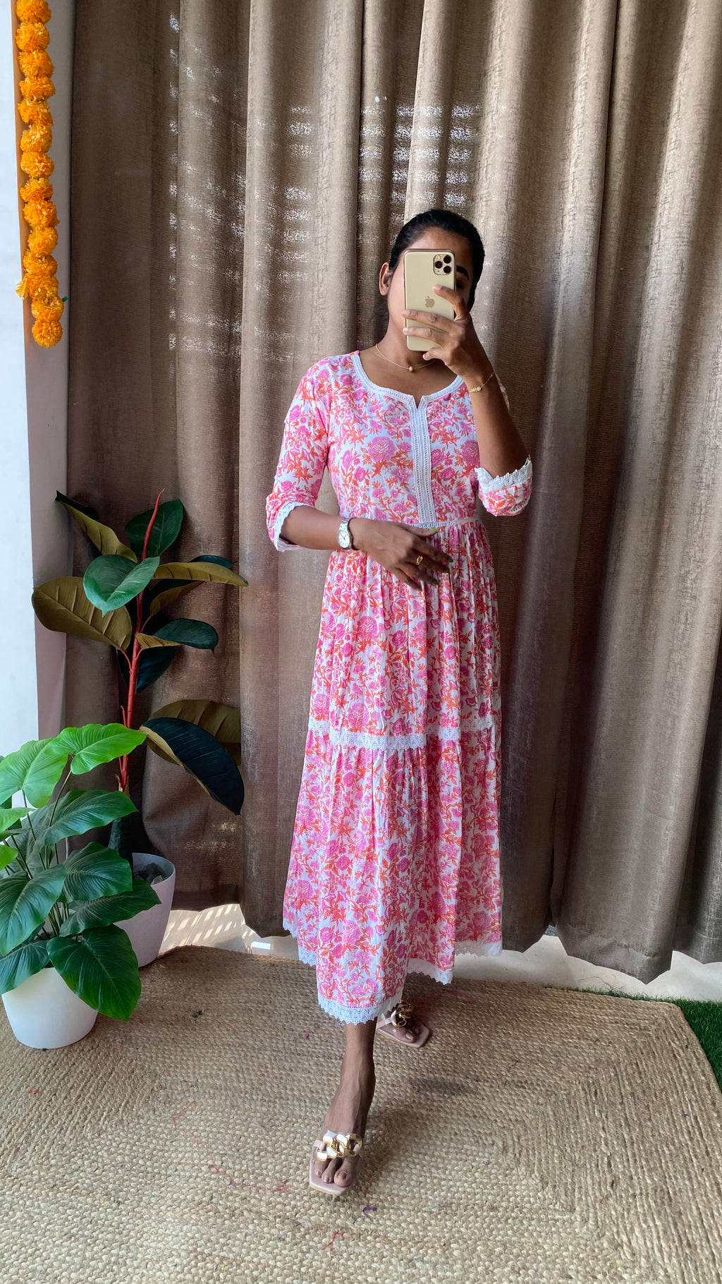 Pink floral Cotton printed 3 layered kurti maxi dress
