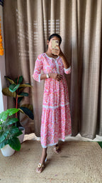 Pink floral Cotton printed 3 layered kurti maxi dress