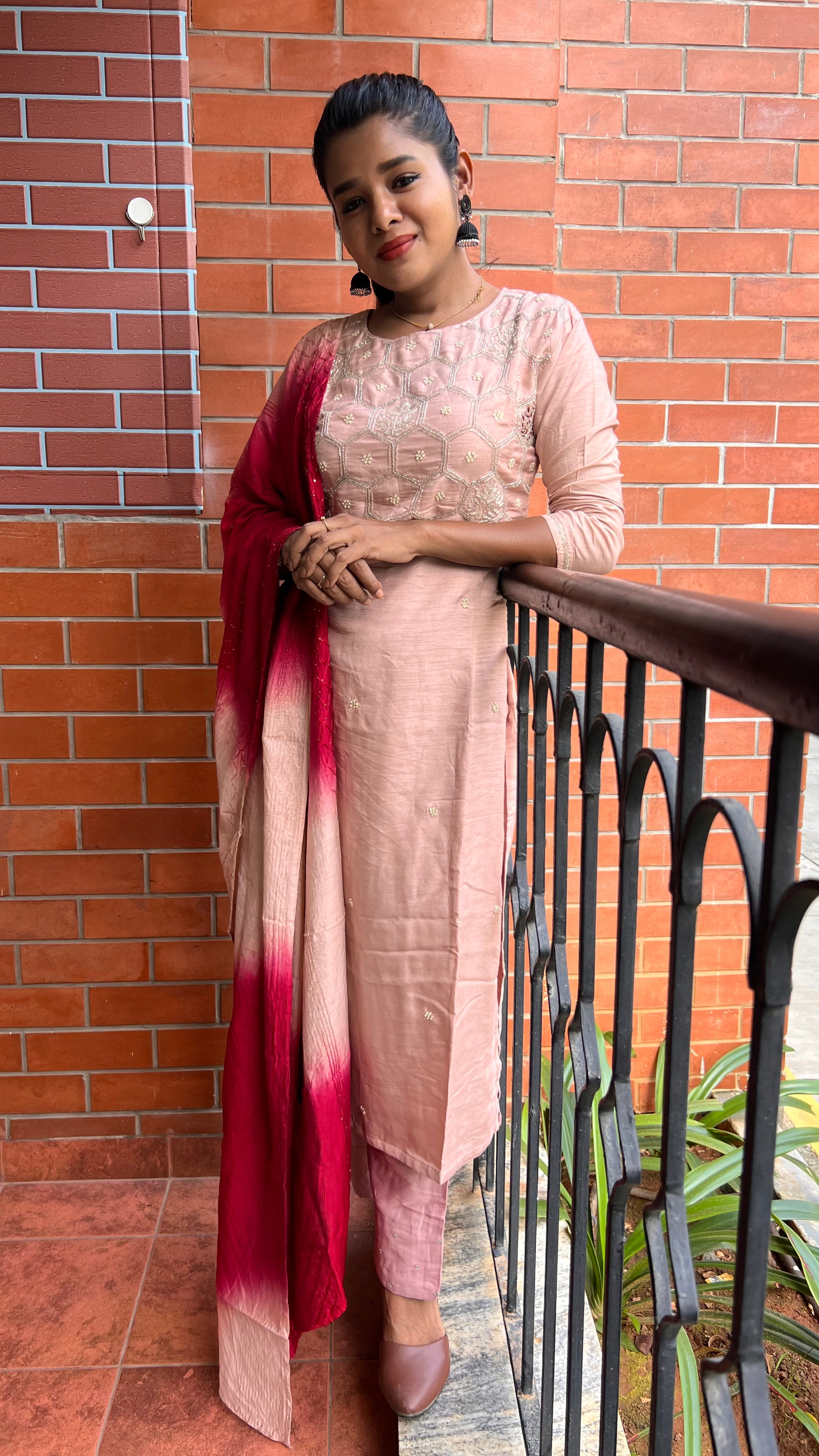 Peach and maroon embroidery hand worked 3 piece kurti set - Threads