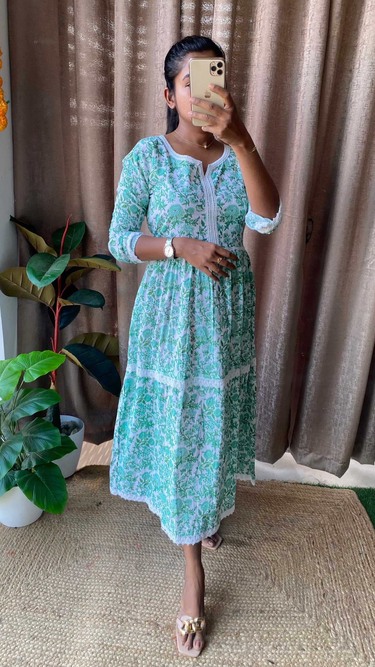 Green floral Cotton printed 3 layered kurti maxi dress