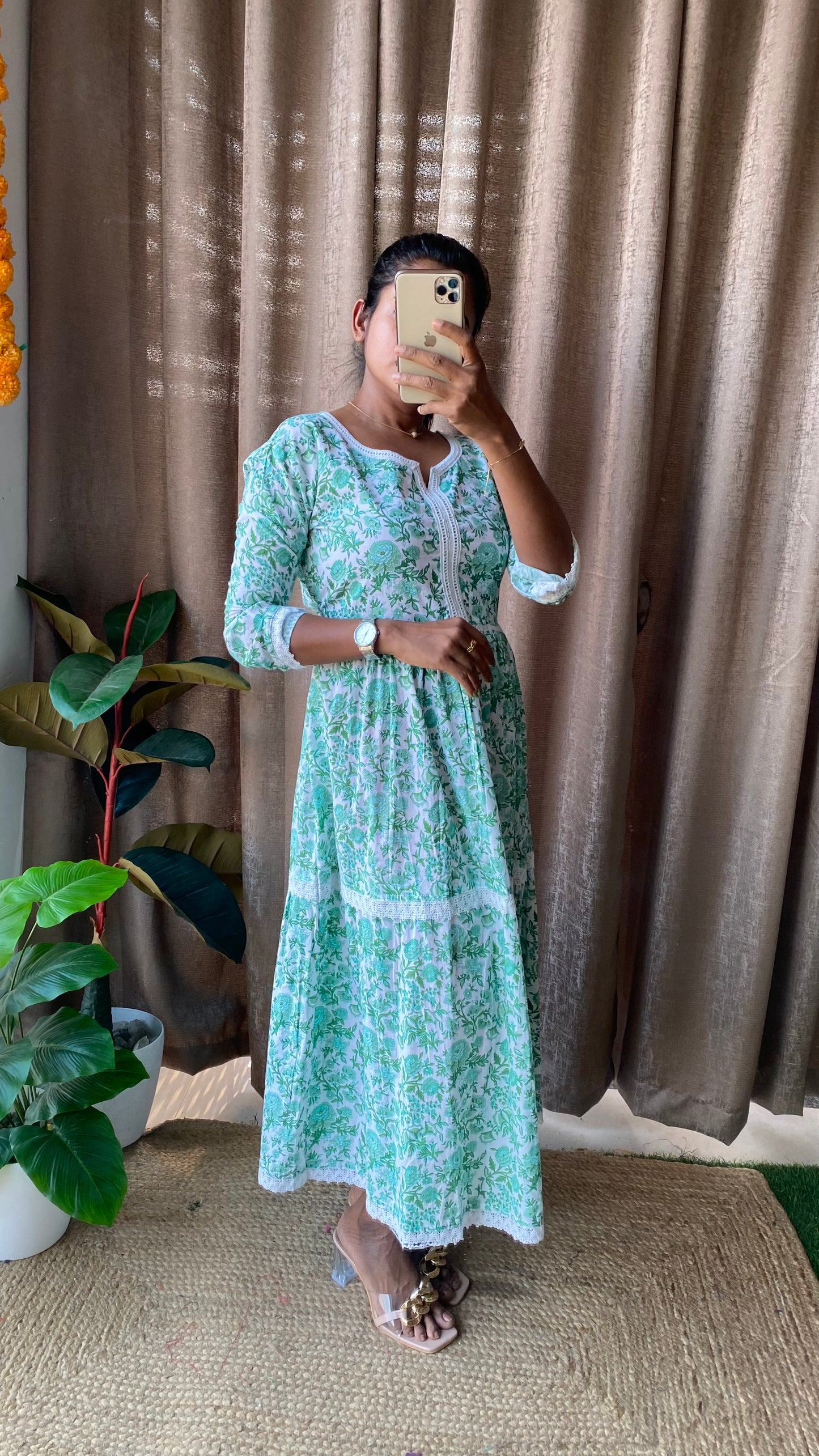 Green floral Cotton printed 3 layered kurti maxi dress