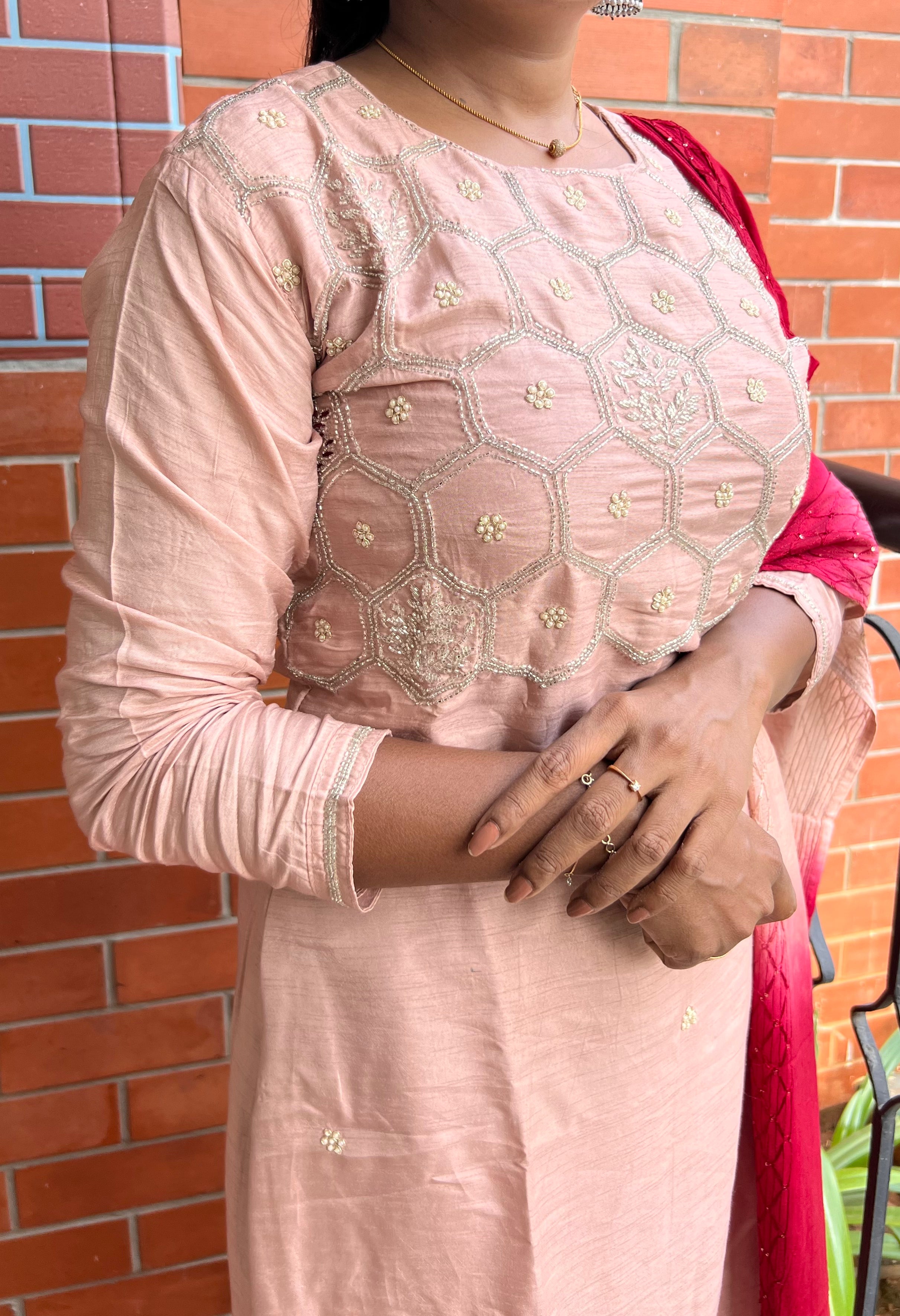 Peach and maroon embroidery hand worked 3 piece kurti set - Threads