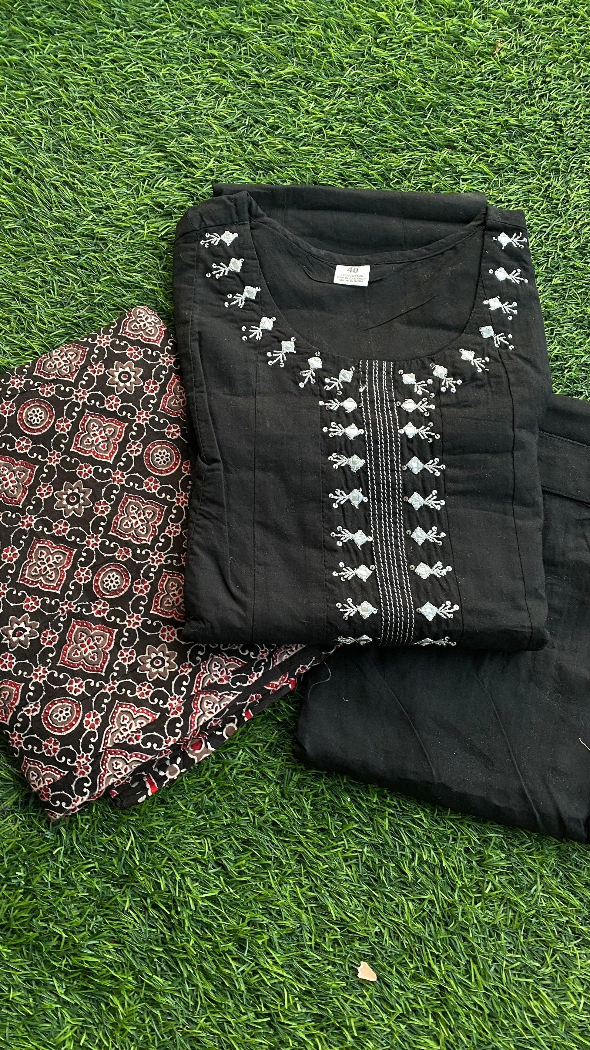 Black Summer Check 3 piece cotton embroidery kurti - Threads