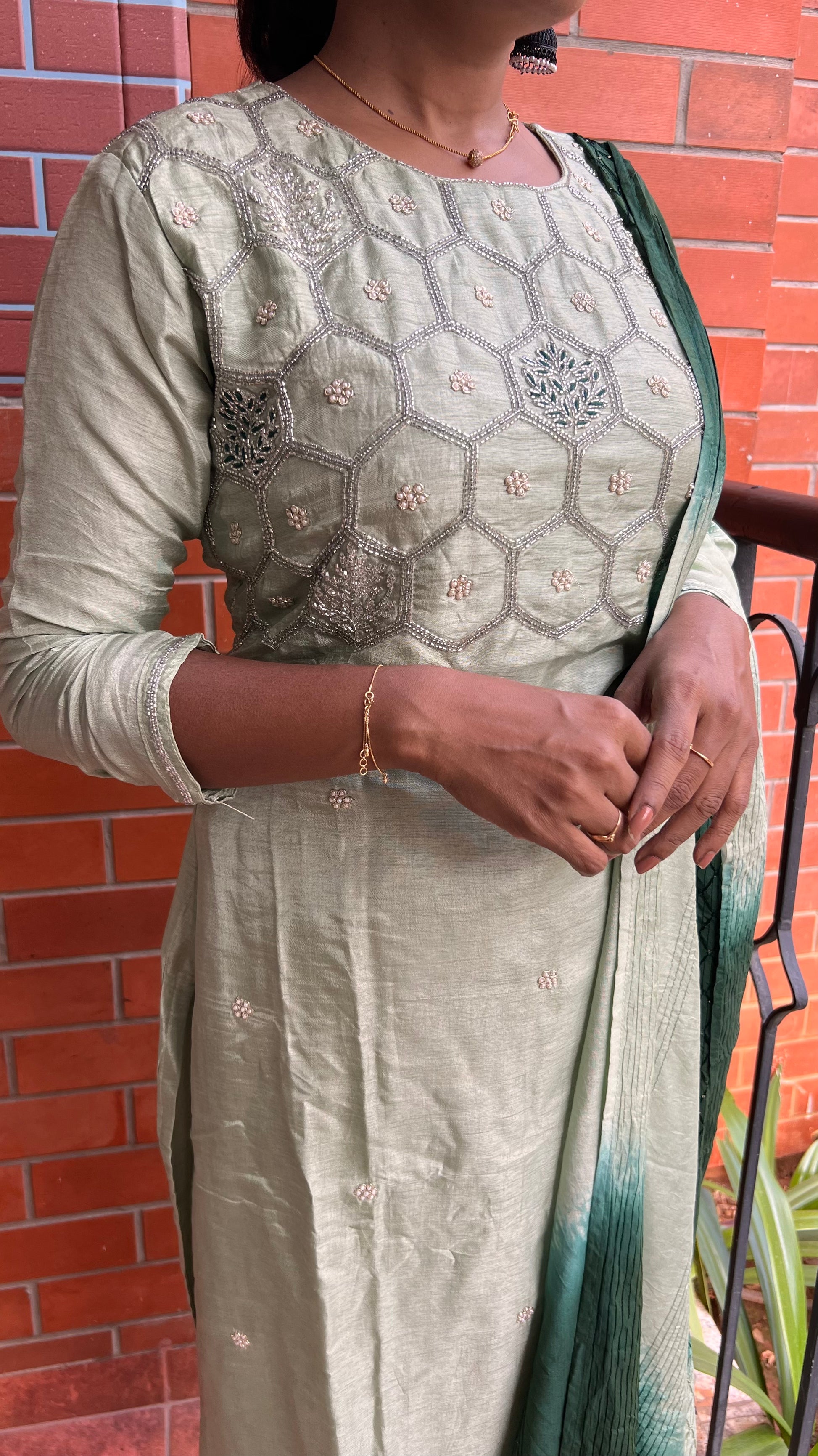Half white and green embroidery hand worked 3 piece kurti set - Threads