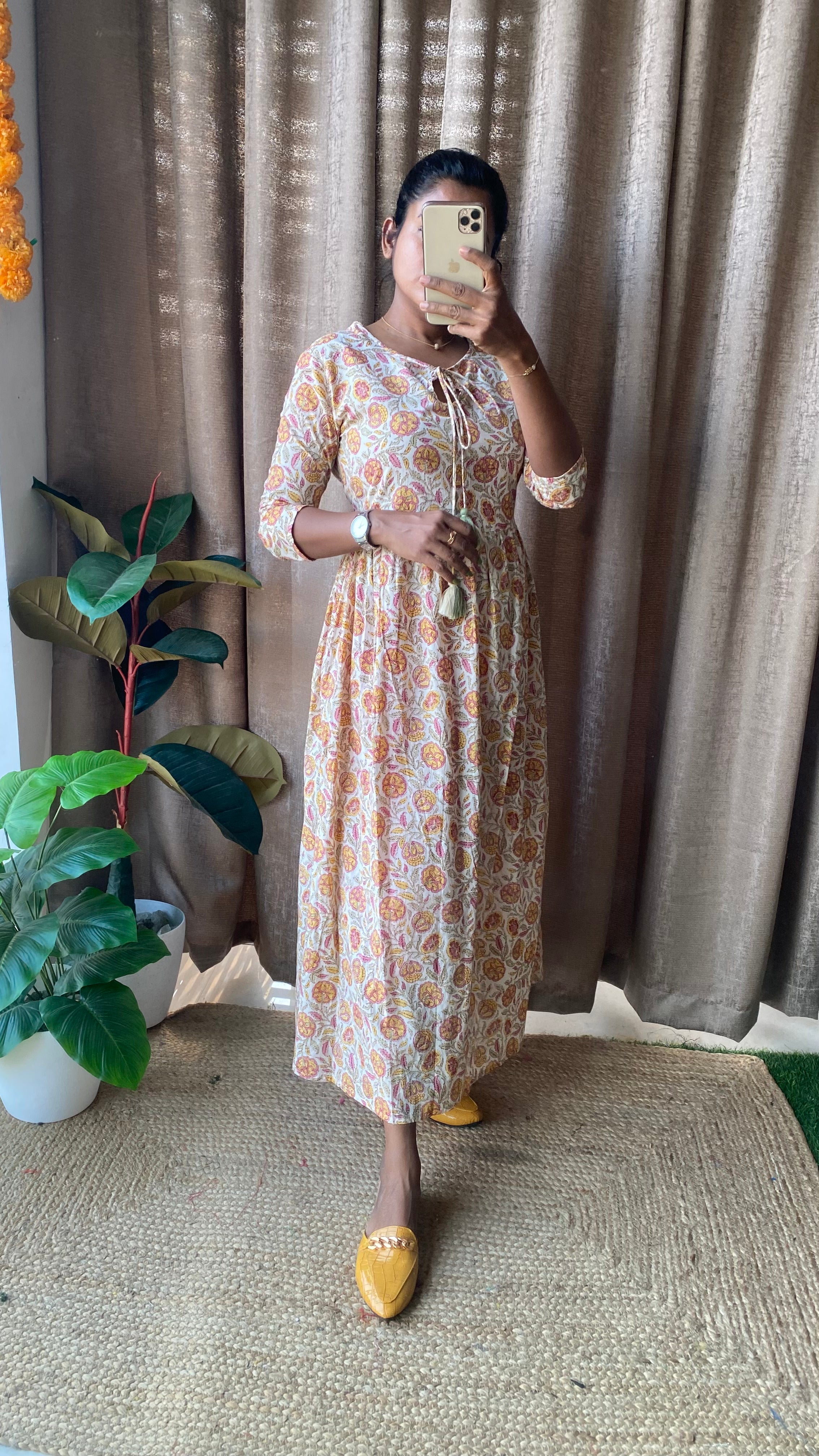 Cream floral Cotton printed kurti maxi dress