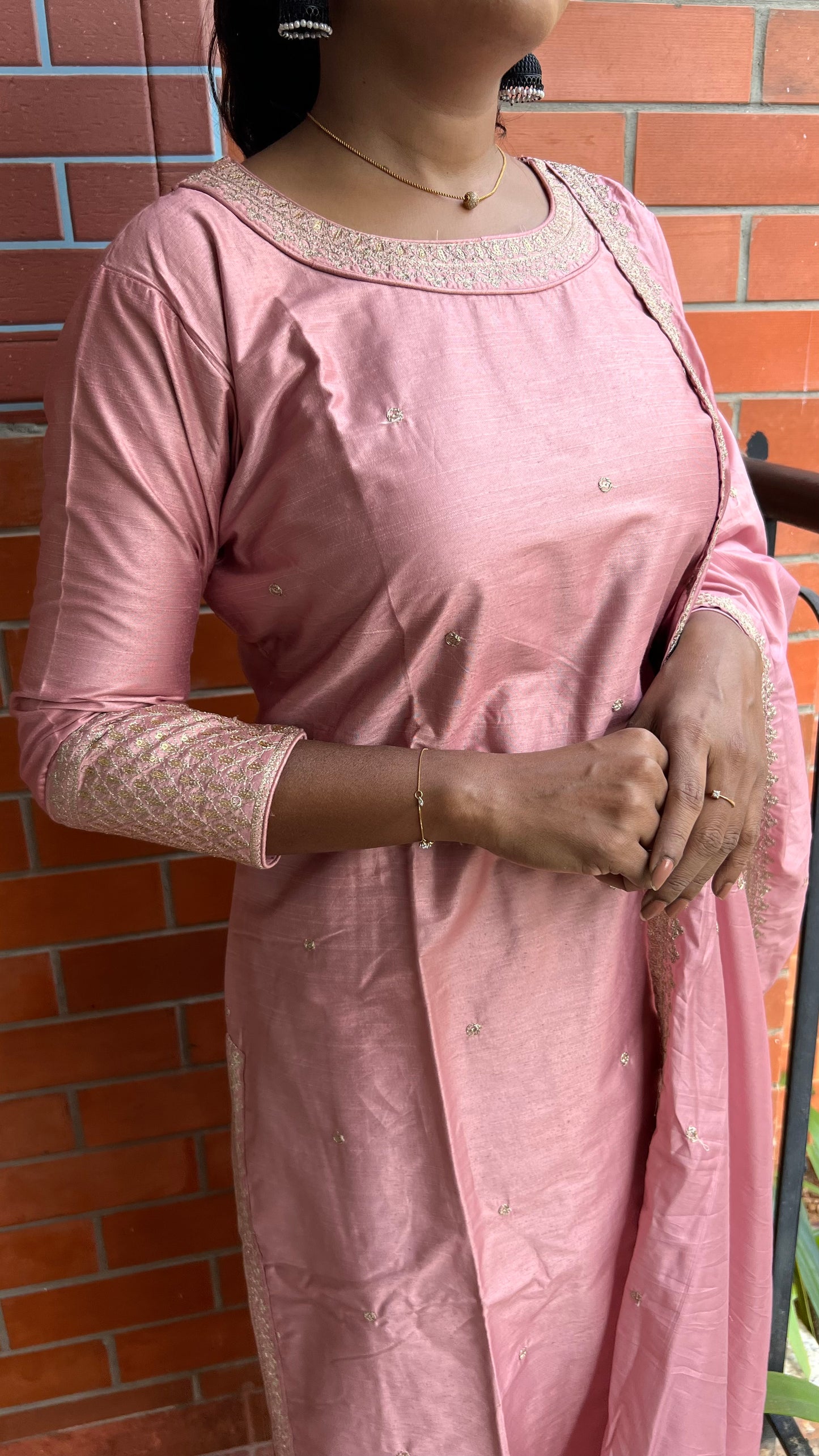 Pink silk embroidery hand worked 3 piece kurti set - Threads