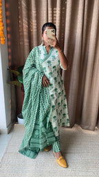 Green and white cotton embroidery 3 piece kurti set