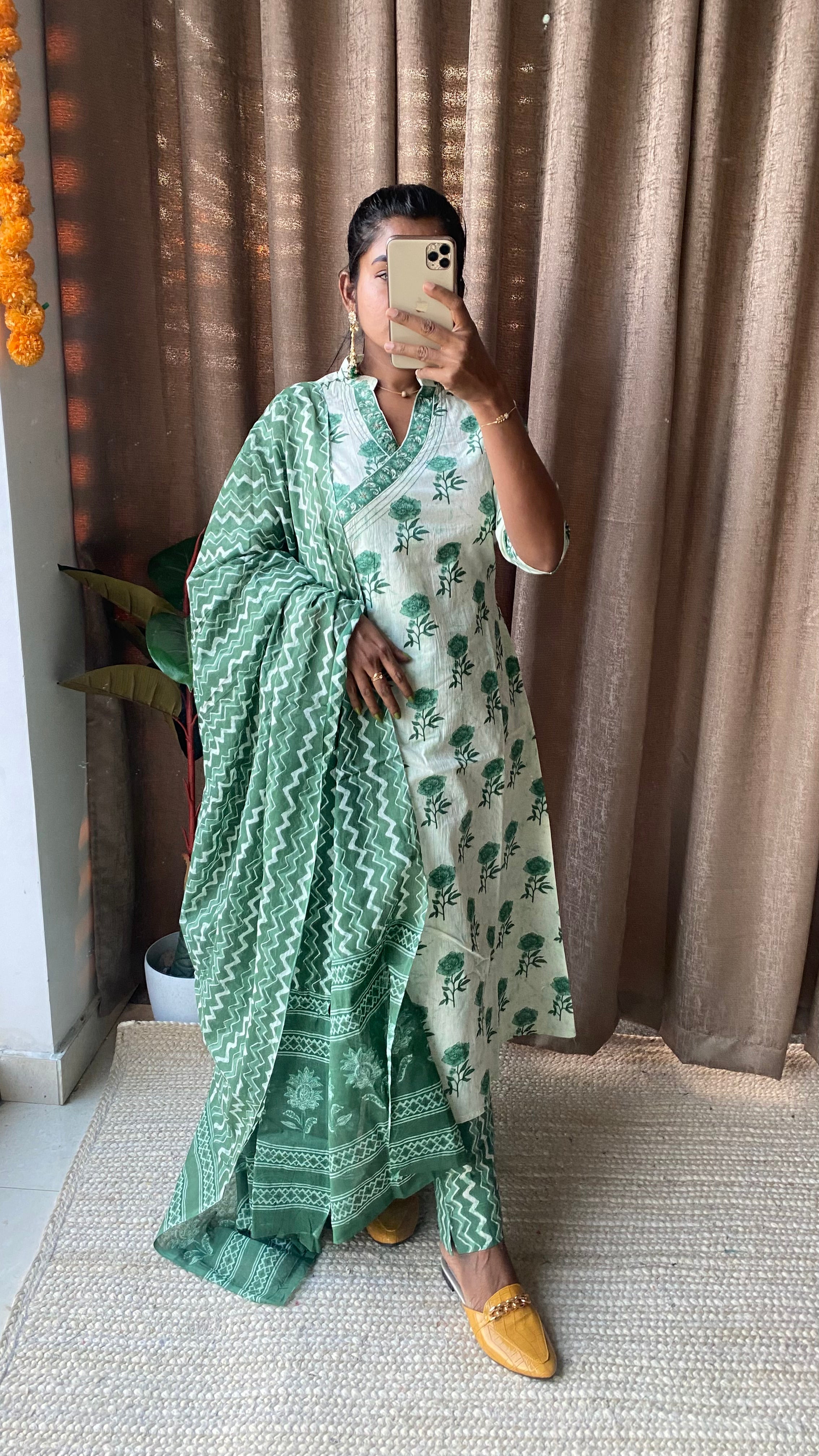 Green and white cotton embroidery 3 piece kurti set