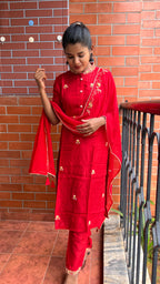 Red muslin silk embroidery hand worked 3 piece kurti set - Threads