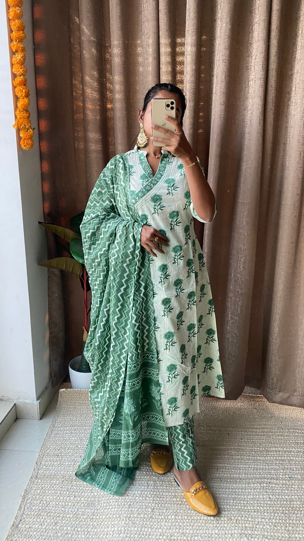 Green and white cotton embroidery 3 piece kurti set