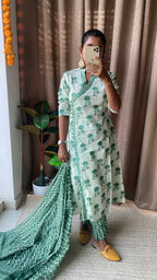 Green and white cotton embroidery 3 piece kurti set
