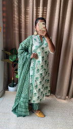 Green and white cotton embroidery 3 piece kurti set