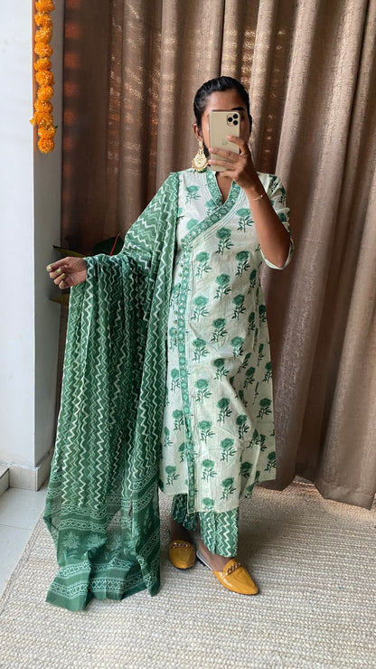Green and white cotton embroidery 3 piece kurti set