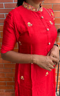 Red muslin silk embroidery hand worked 3 piece kurti set - Threads