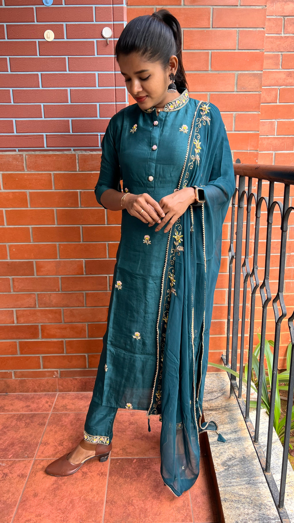 Bottle green muslin silk embroidery hand worked 3 piece kurti set - Threads