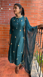 Bottle green muslin silk embroidery hand worked 3 piece kurti set - Threads