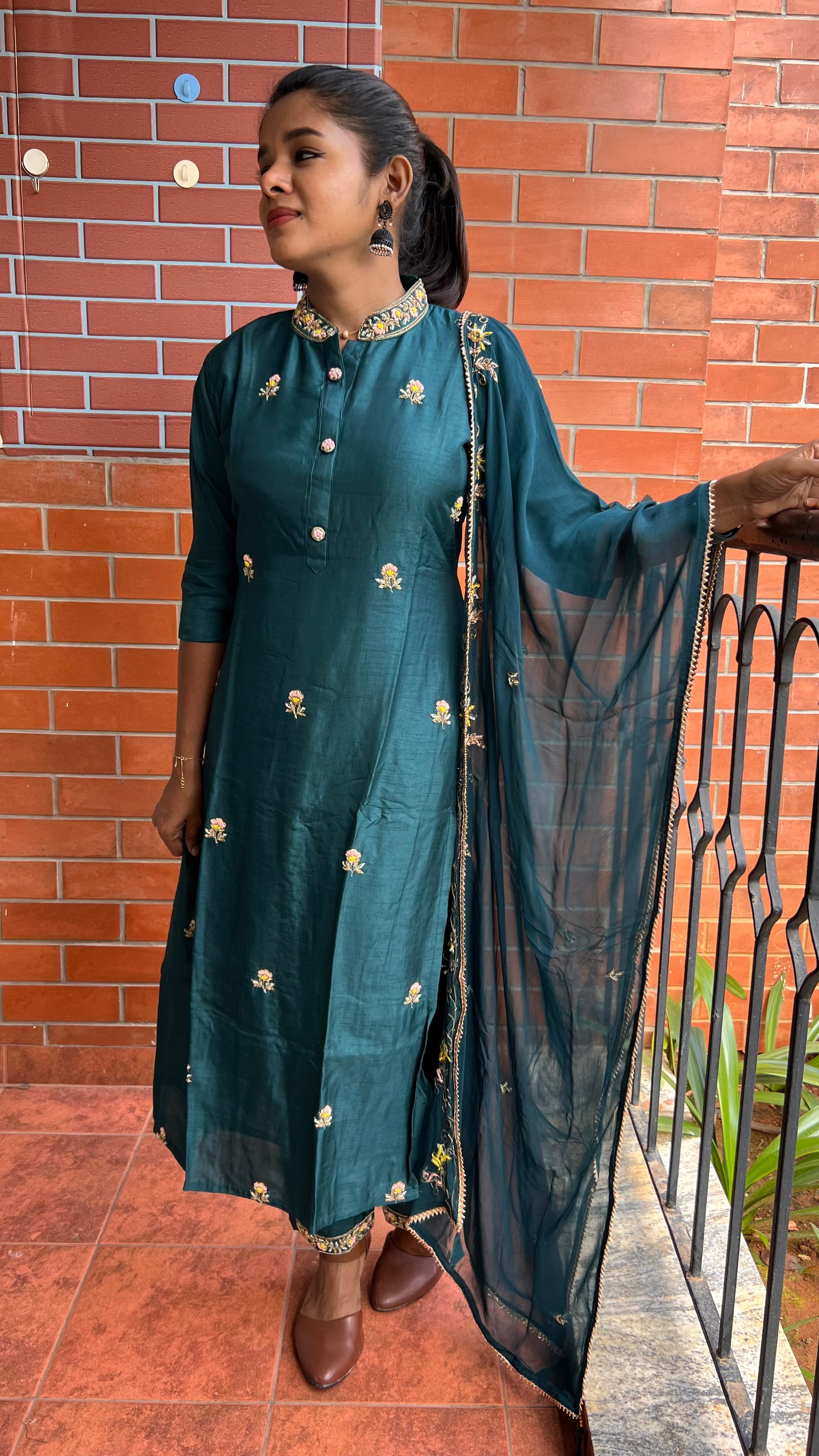 Bottle green muslin silk embroidery hand worked 3 piece kurti set - Threads