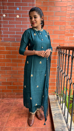 Bottle green muslin silk embroidery hand worked 3 piece kurti set - Threads