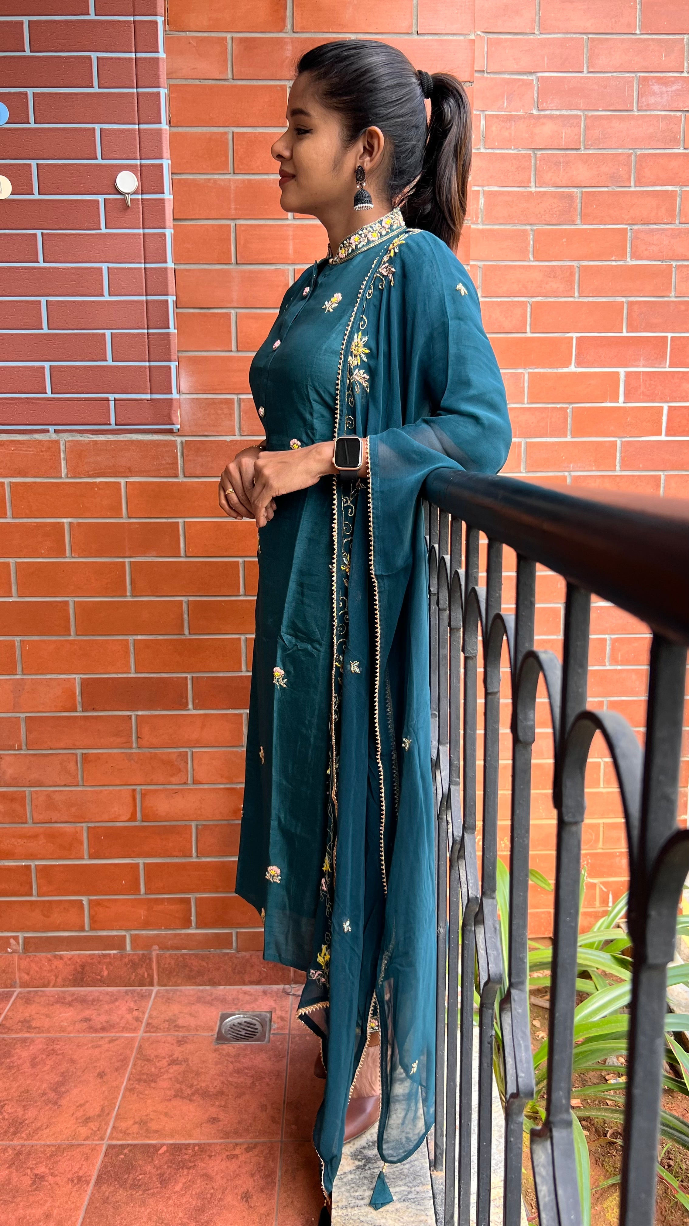 Bottle green muslin silk embroidery hand worked 3 piece kurti set - Threads