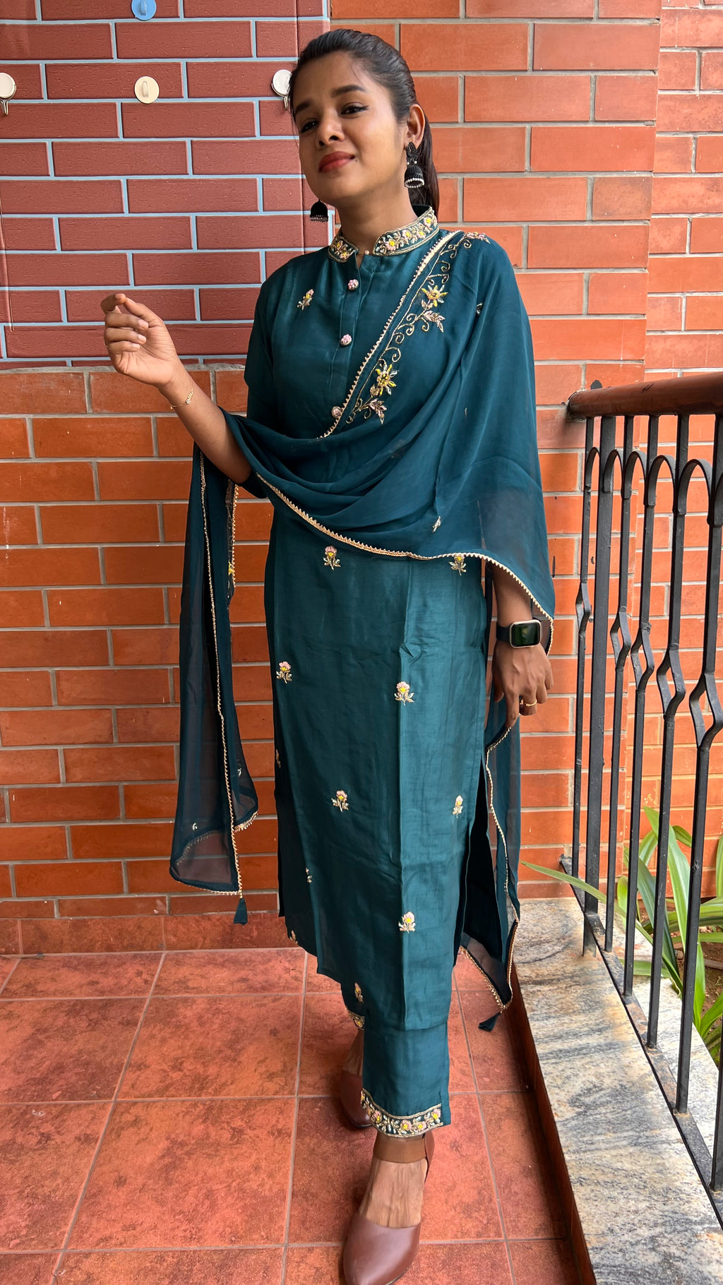 Bottle green muslin silk embroidery hand worked 3 piece kurti set - Threads