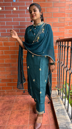 Bottle green muslin silk embroidery hand worked 3 piece kurti set - Threads