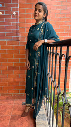 Bottle green muslin silk embroidery hand worked 3 piece kurti set - Threads