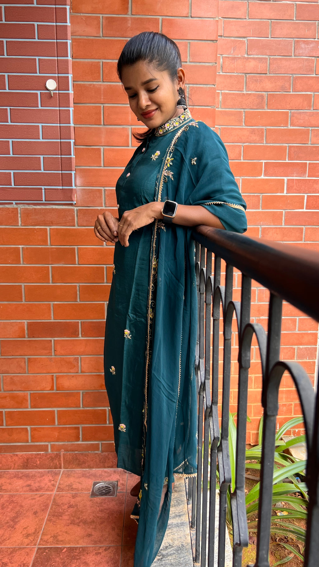 Bottle green muslin silk embroidery hand worked 3 piece kurti set - Threads