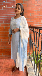 Grey silk mirror embroidery hand worked 3 piece kurti set - Threads