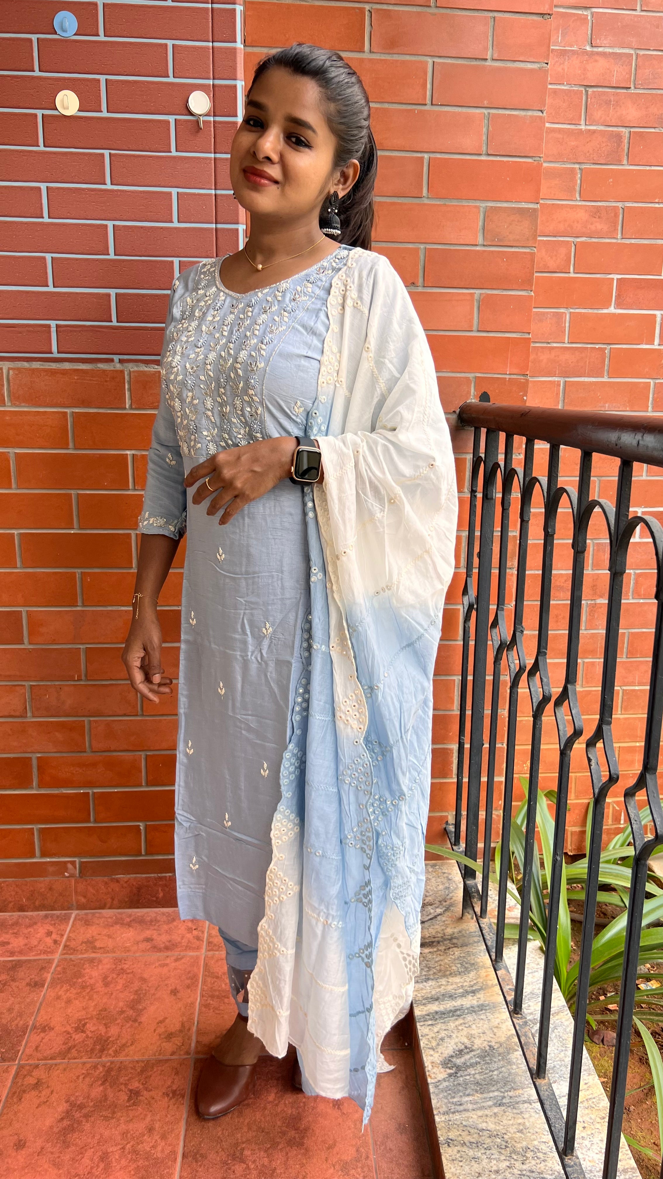 Grey silk mirror embroidery hand worked 3 piece kurti set - Threads