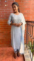 Grey silk mirror embroidery hand worked 3 piece kurti set - Threads