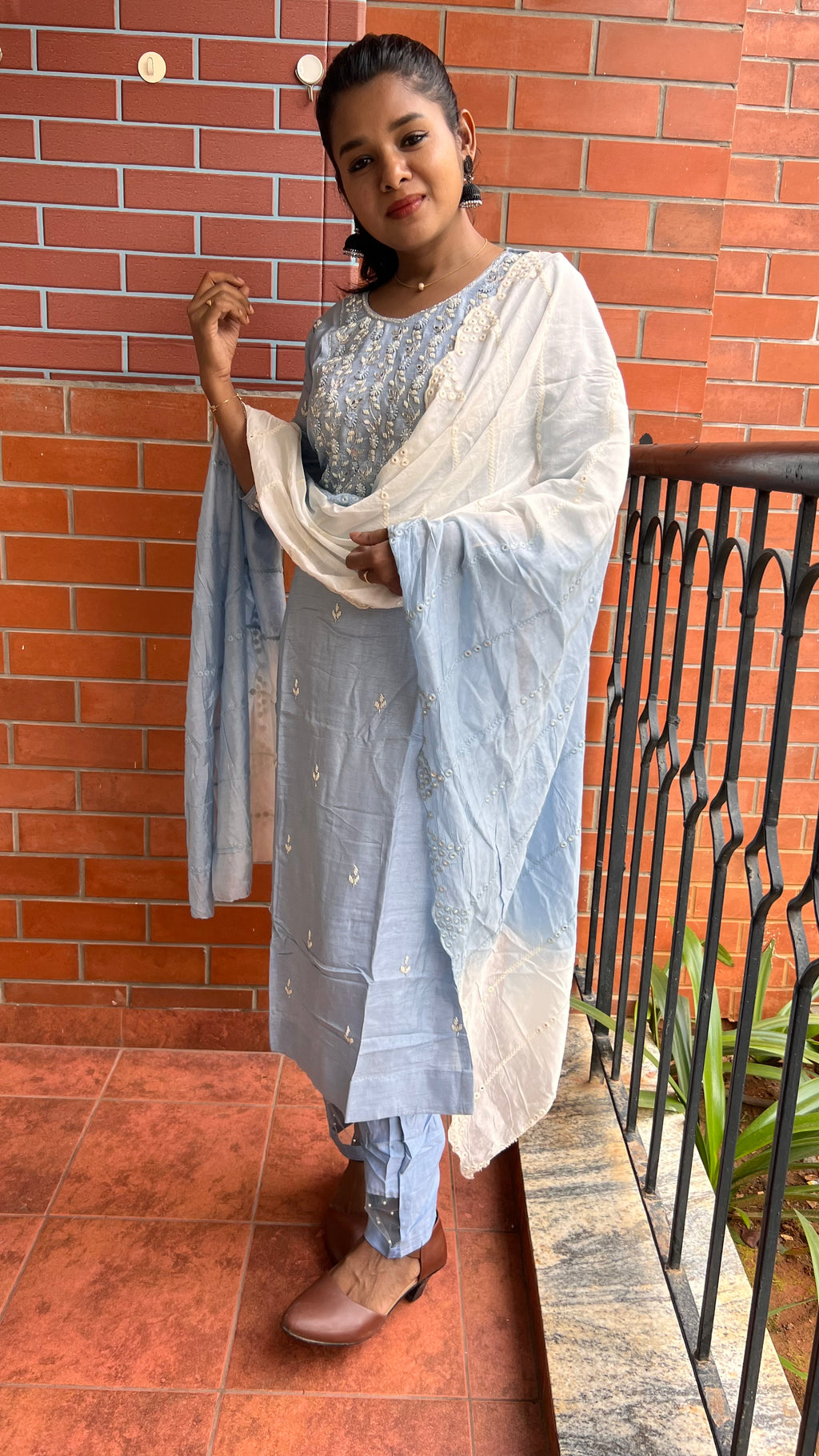 Grey silk mirror embroidery hand worked 3 piece kurti set - Threads