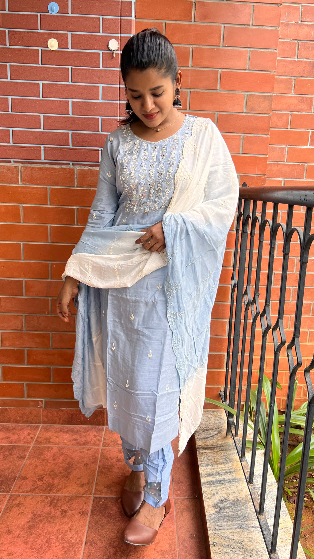 Grey silk mirror embroidery hand worked 3 piece kurti set - Threads