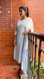 Grey silk mirror embroidery hand worked 3 piece kurti set - Threads