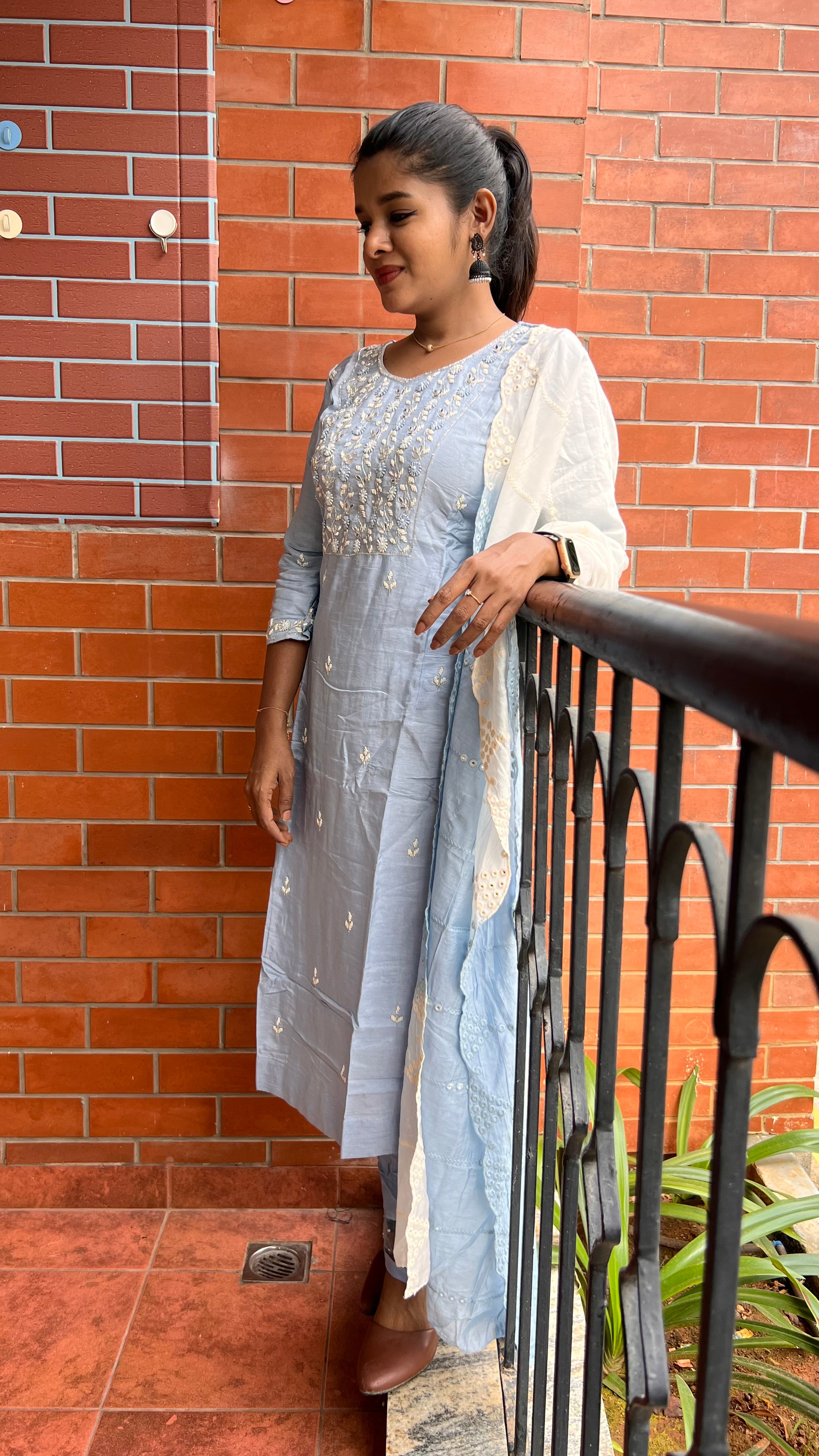 Grey silk mirror embroidery hand worked 3 piece kurti set - Threads