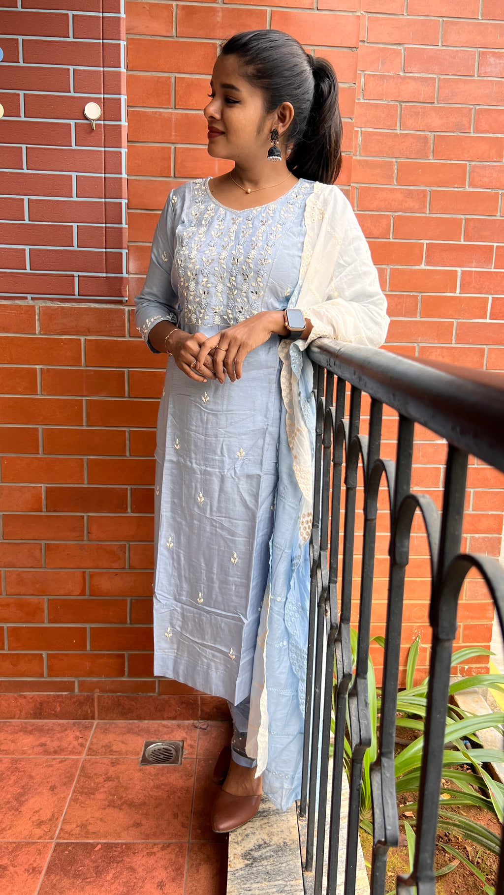 Grey silk mirror embroidery hand worked 3 piece kurti set - Threads