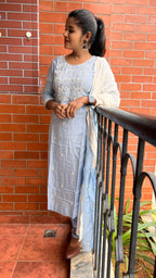 Grey silk mirror embroidery hand worked 3 piece kurti set - Threads