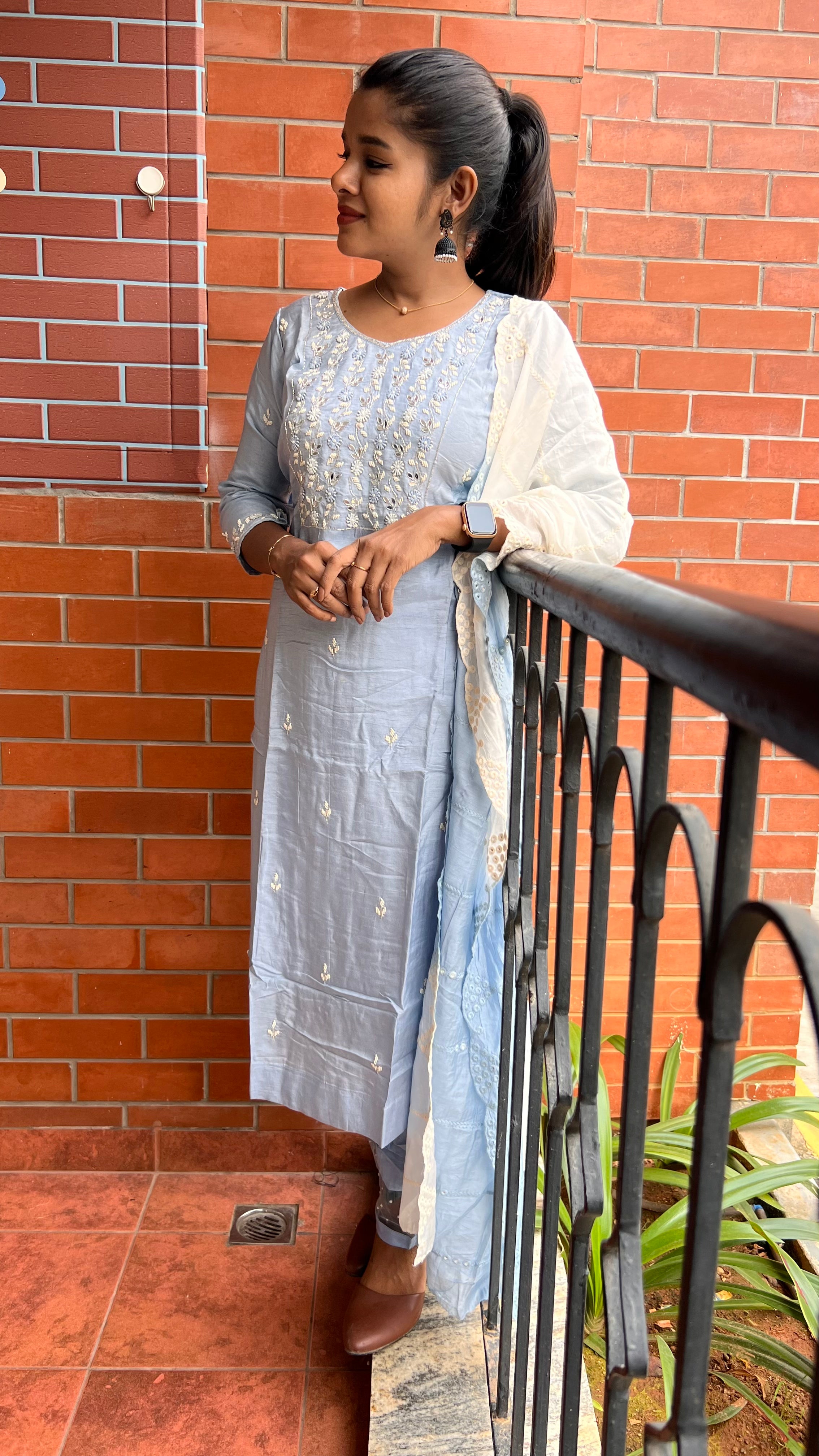 Grey silk mirror embroidery hand worked 3 piece kurti set - Threads