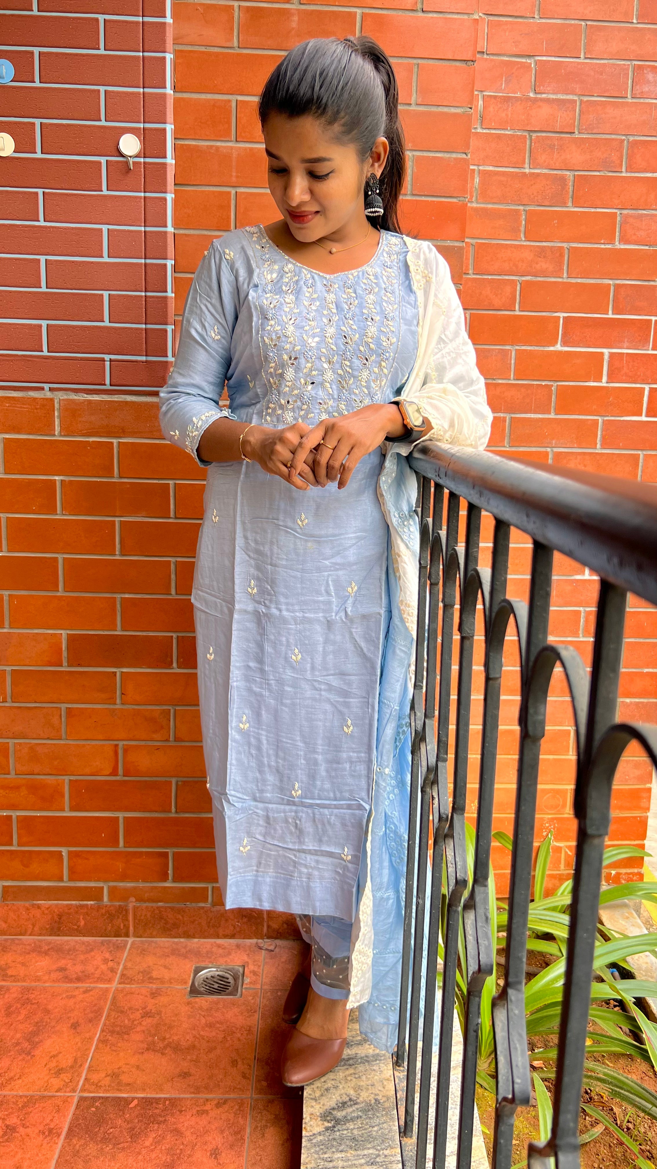 Grey silk mirror embroidery hand worked 3 piece kurti set - Threads