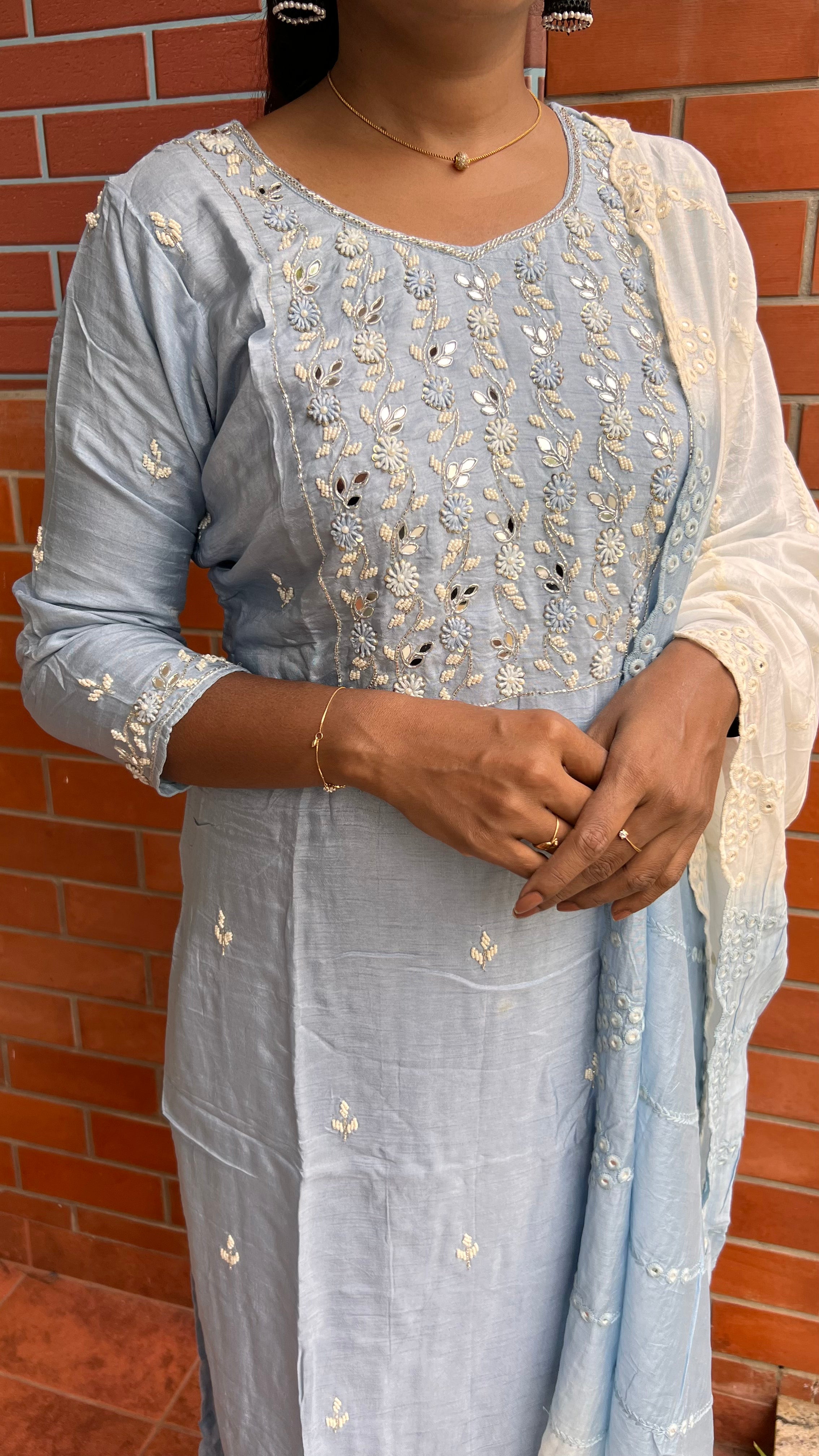 Grey silk mirror embroidery hand worked 3 piece kurti set - Threads