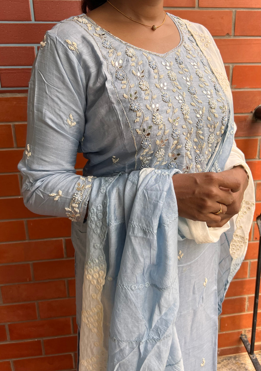 Grey silk mirror embroidery hand worked 3 piece kurti set - Threads