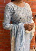 Grey silk mirror embroidery hand worked 3 piece kurti set - Threads