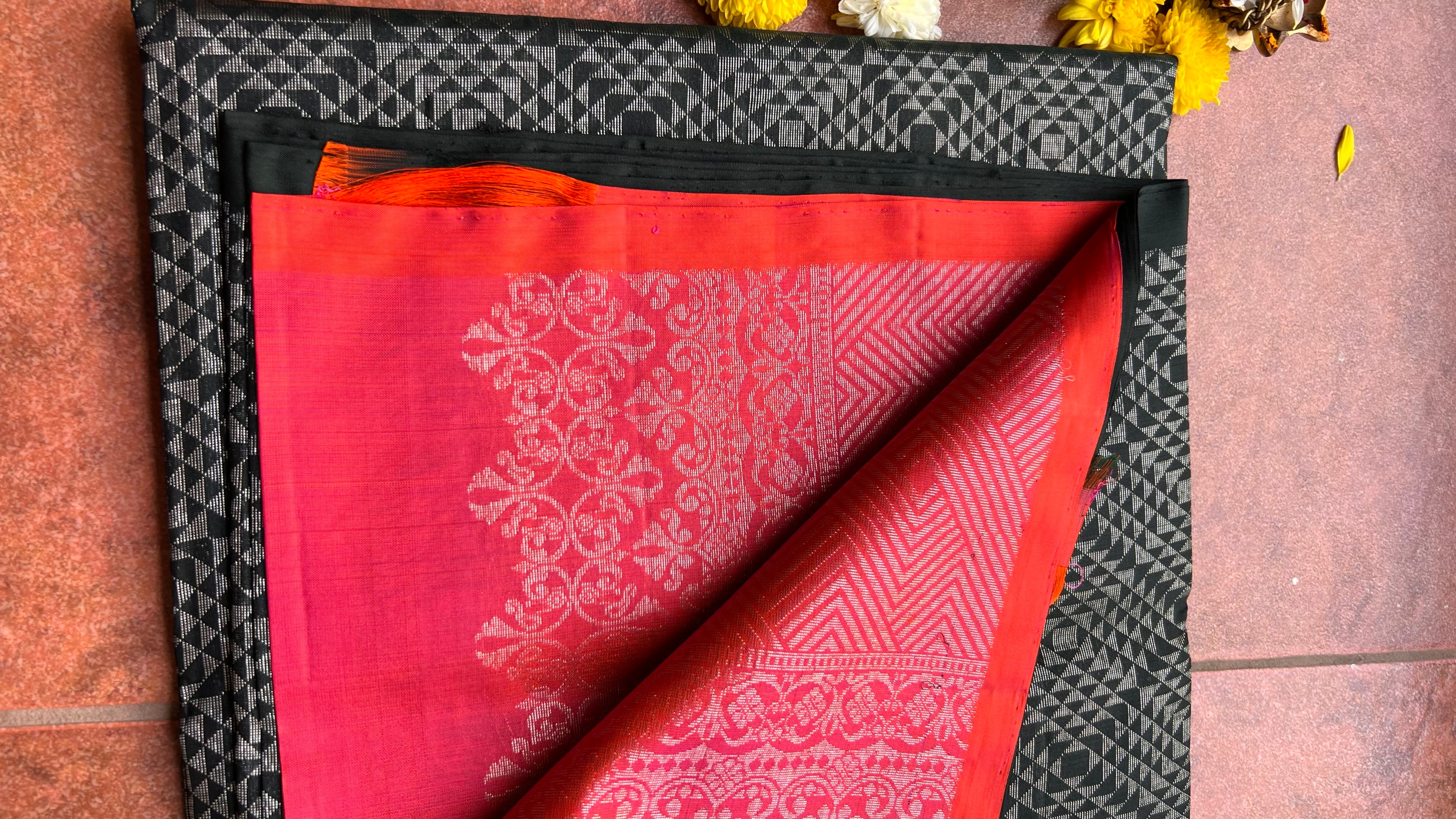 Black and orange matrix kanchipuram silk saree with blouse - Threads