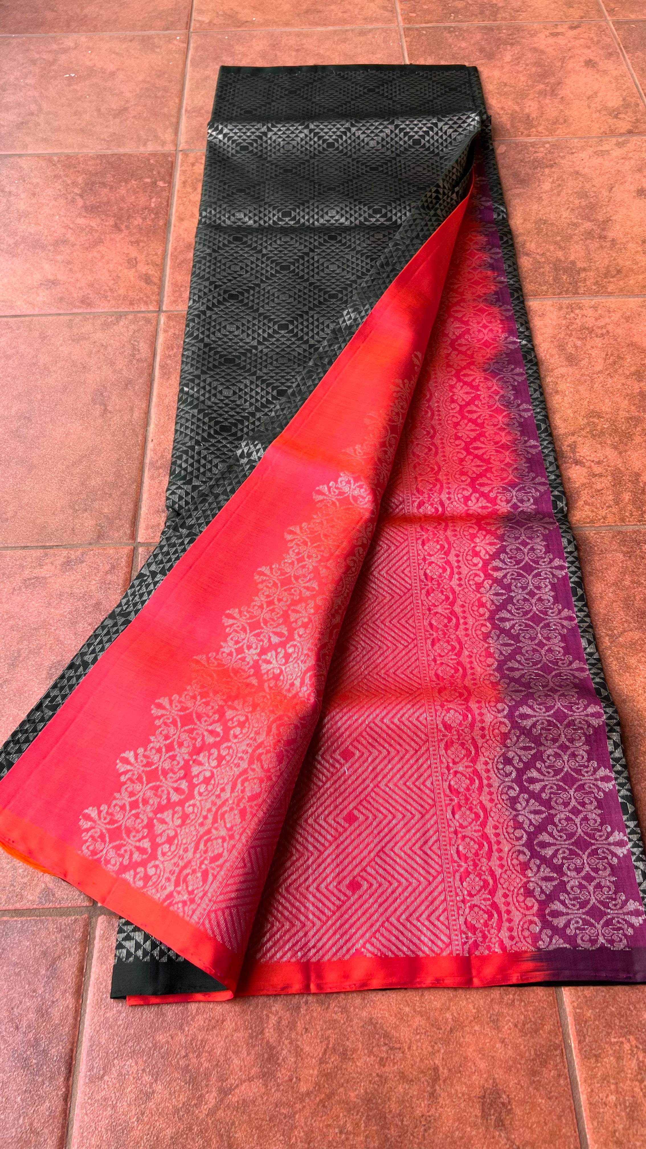 Black and orange matrix kanchipuram silk saree with blouse - Threads