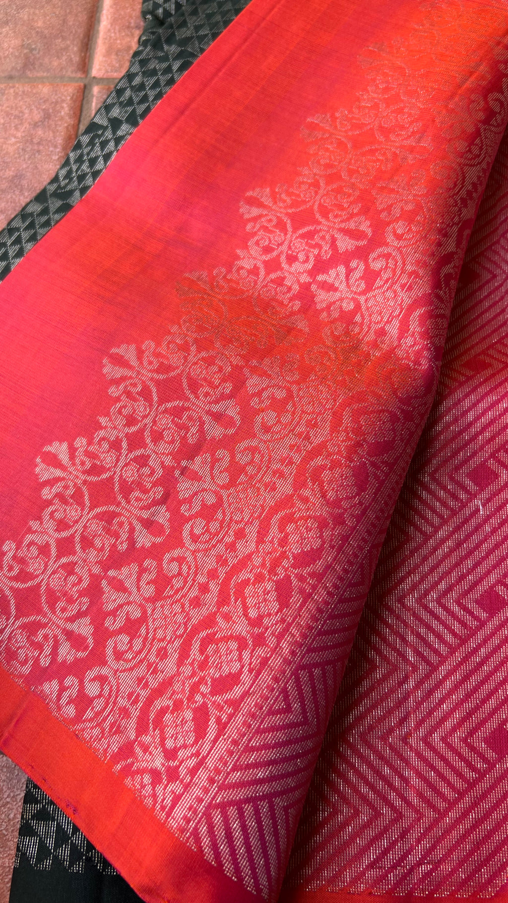 Black and orange matrix kanchipuram silk saree with blouse - Threads